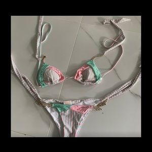 Two piece green and pink striped bikini